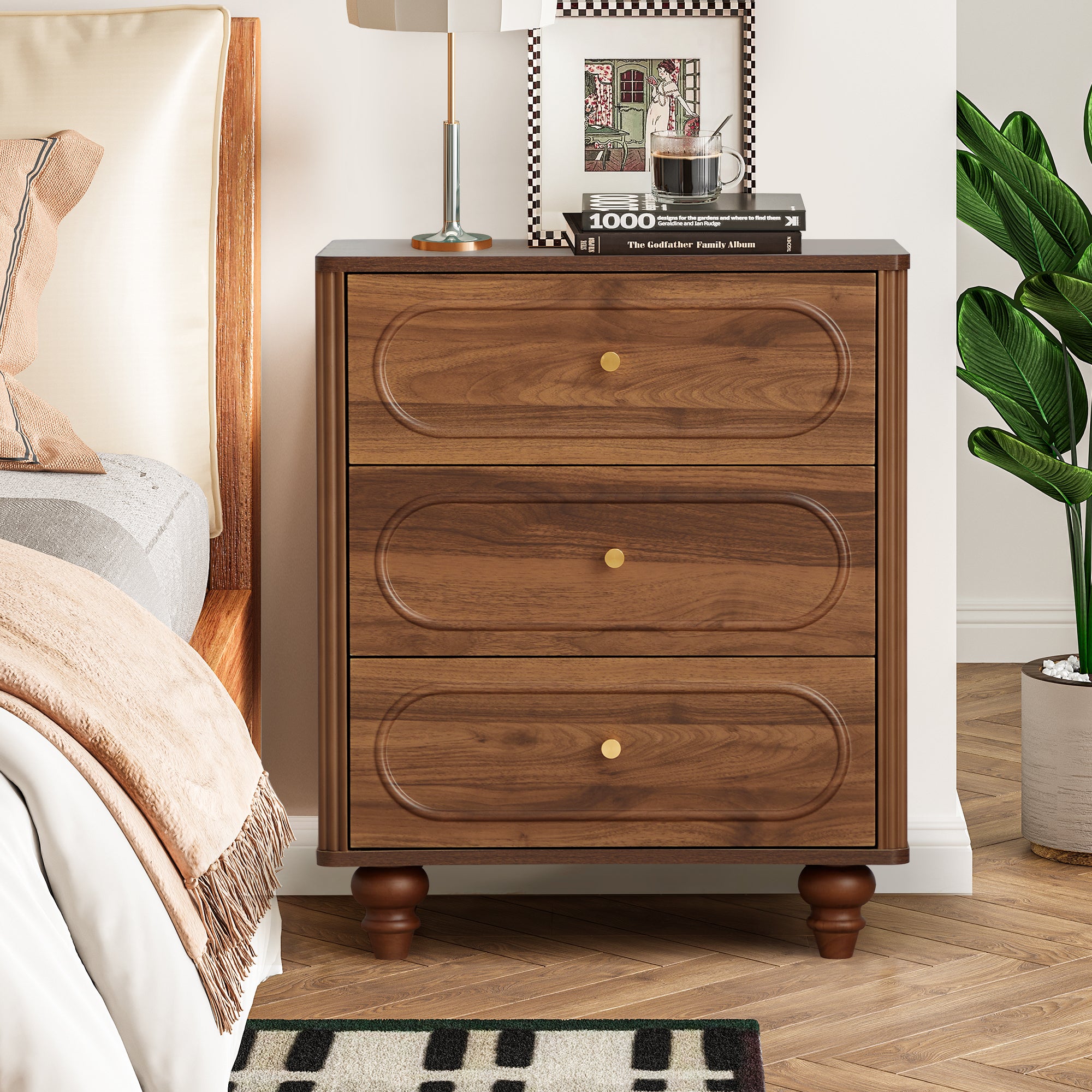 YOCWO 3 Drawer Nightstand, Classic Chest of Drawers with Arc Edge