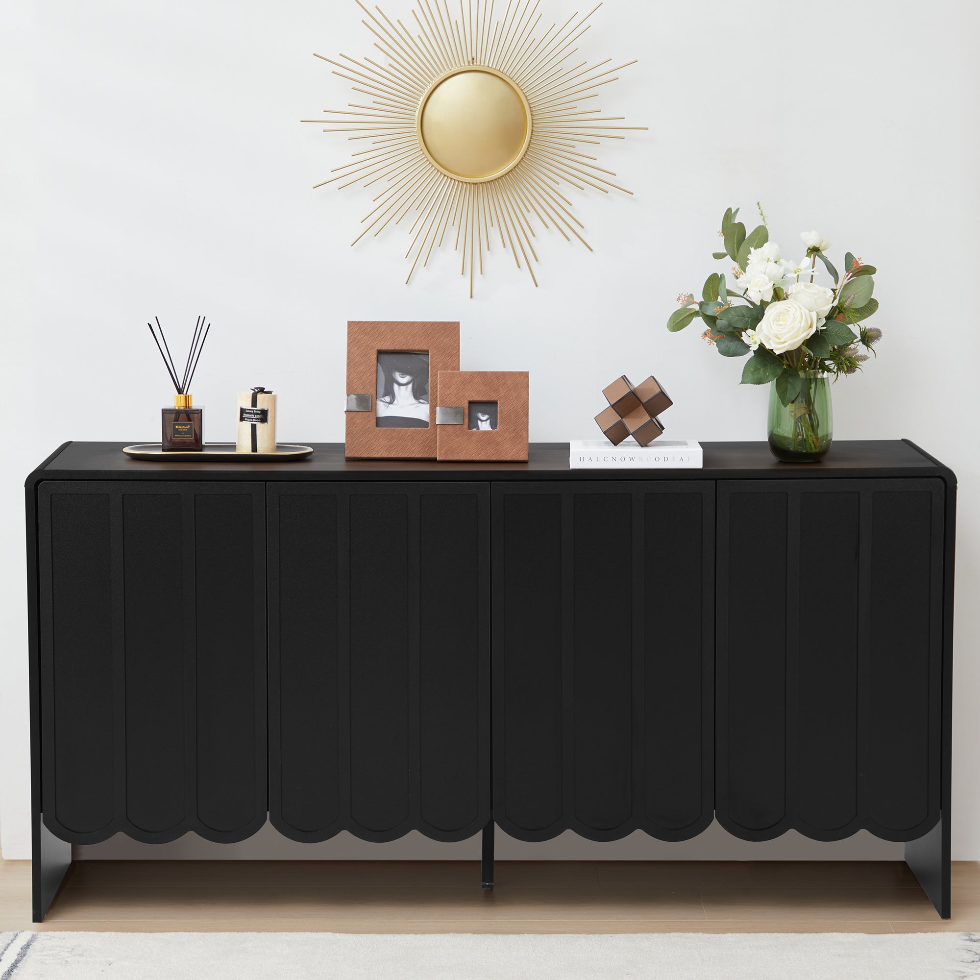 Sideboards and Buffets, Wave Panel Storage Cabinet with 4 Doors and Adjustable Shelf for Kitchen Living Room Entryway