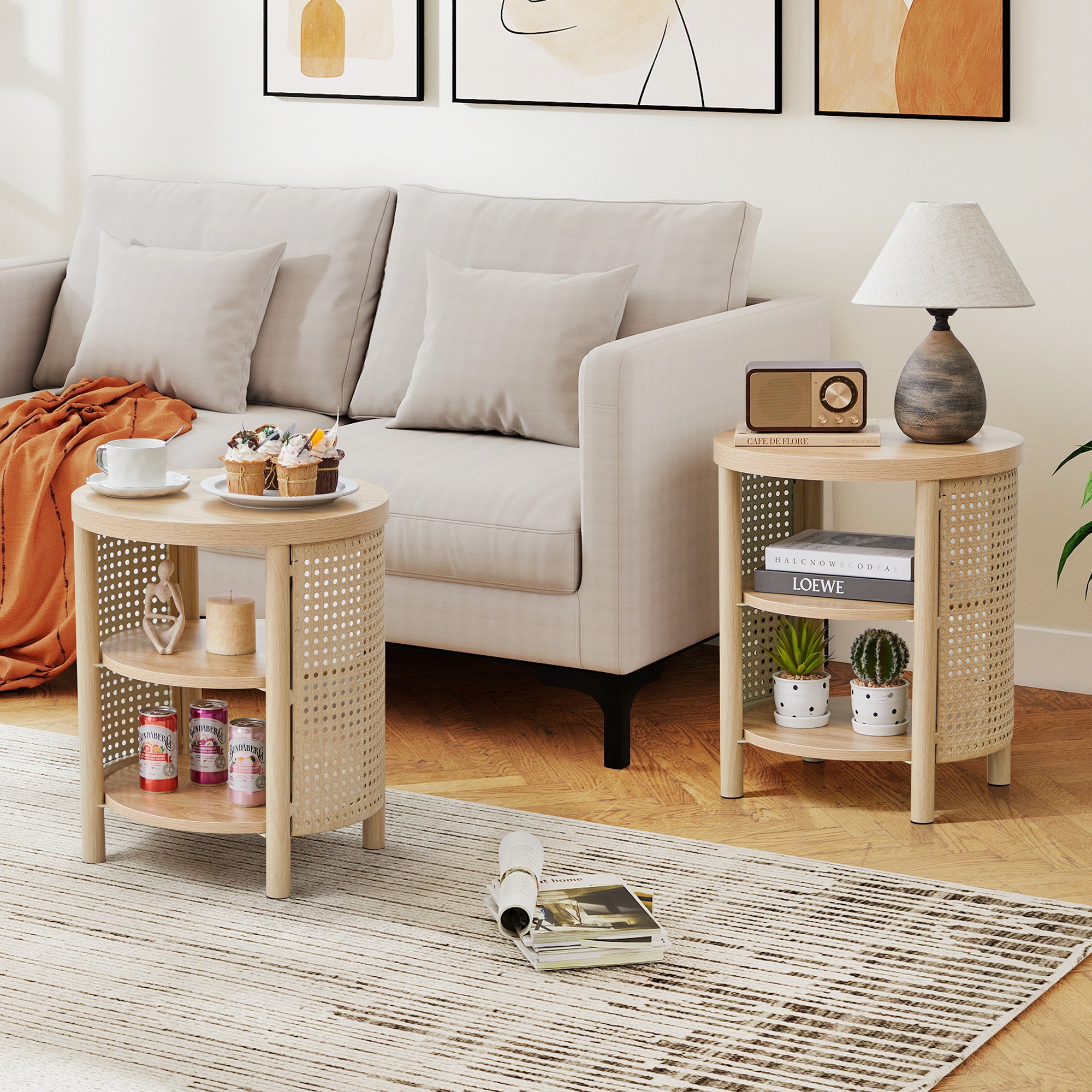 YOCWO Small Round End Table Set of 2 with Open Storage for Small Space, 3 Tier Accent Table Side Table with Iron Rattan Decor