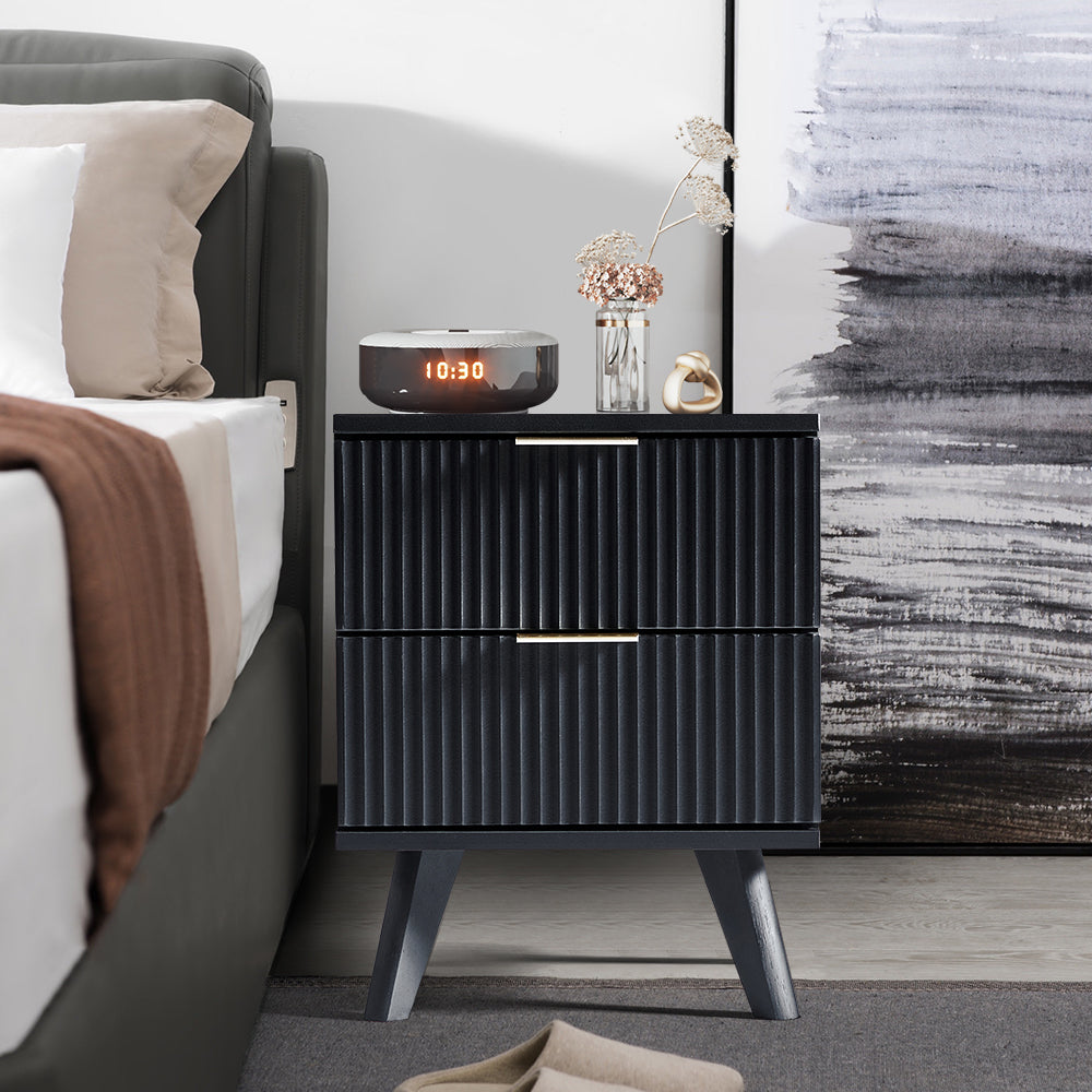 Fluted Nightstand for Bedroom Set of 2 , Wood Bedside Table Set of 2 with Drawers