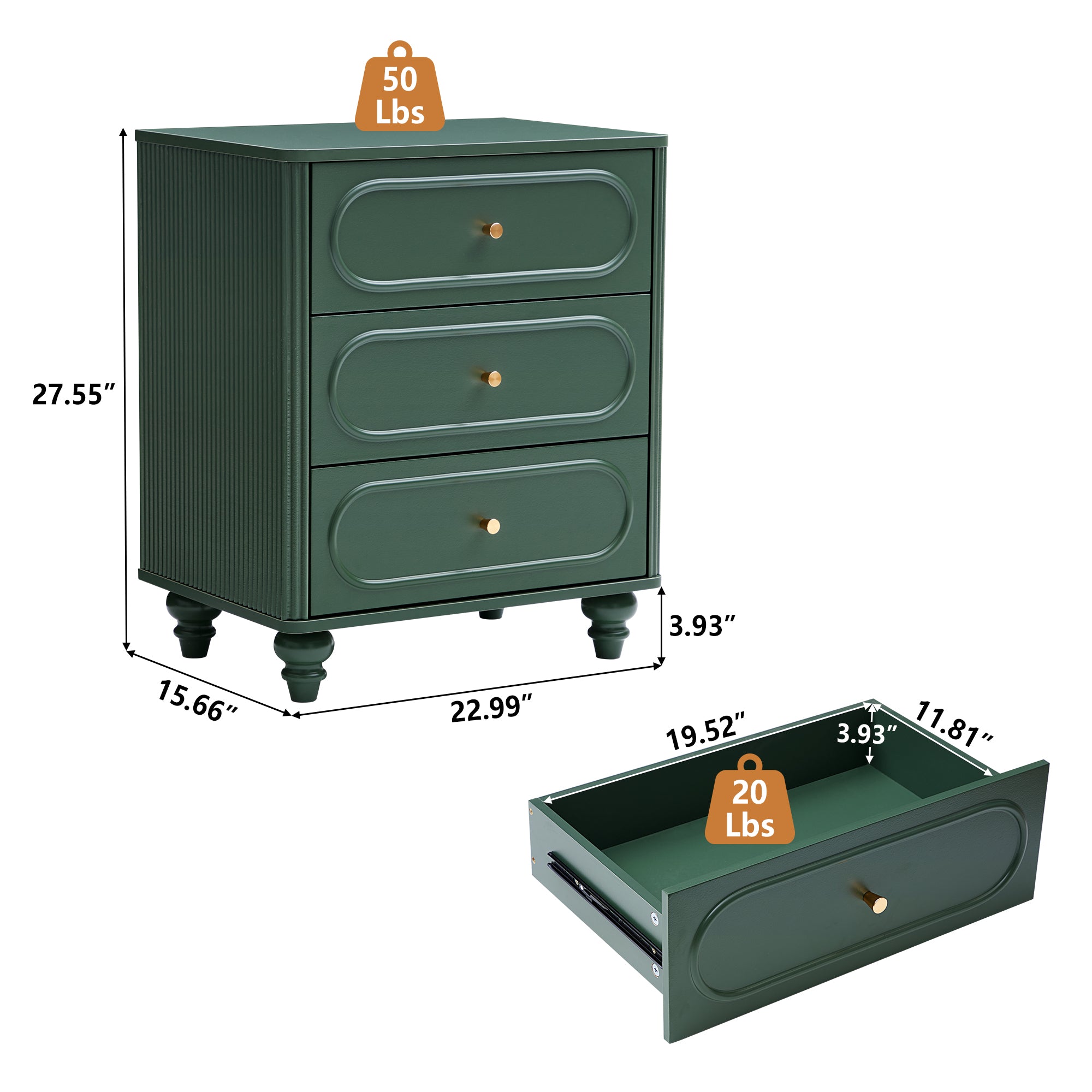 YOCWO 3 Drawer Nightstand for Bedroom Set of 2, Classic Chest of Drawers with Arc Edge