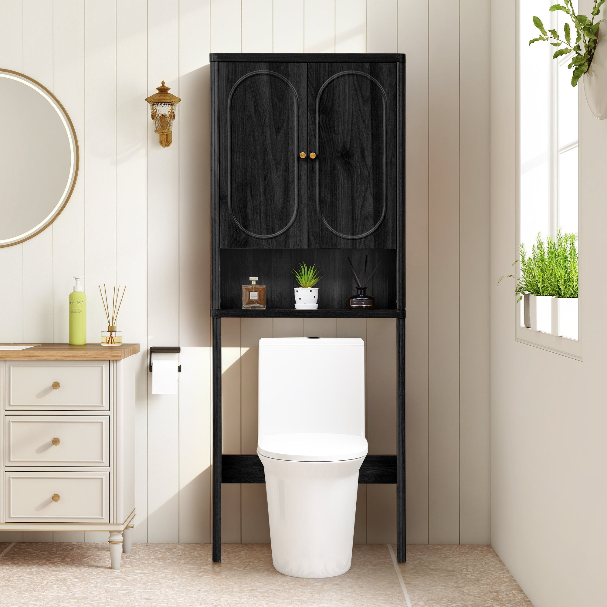 YOCWO Over The Toilet Storage Cabinet, Mid Century Storage Cabinet Over Toilet with 2 Doors and Open Shelf, Home Space Saver for Bathroom, Living Room