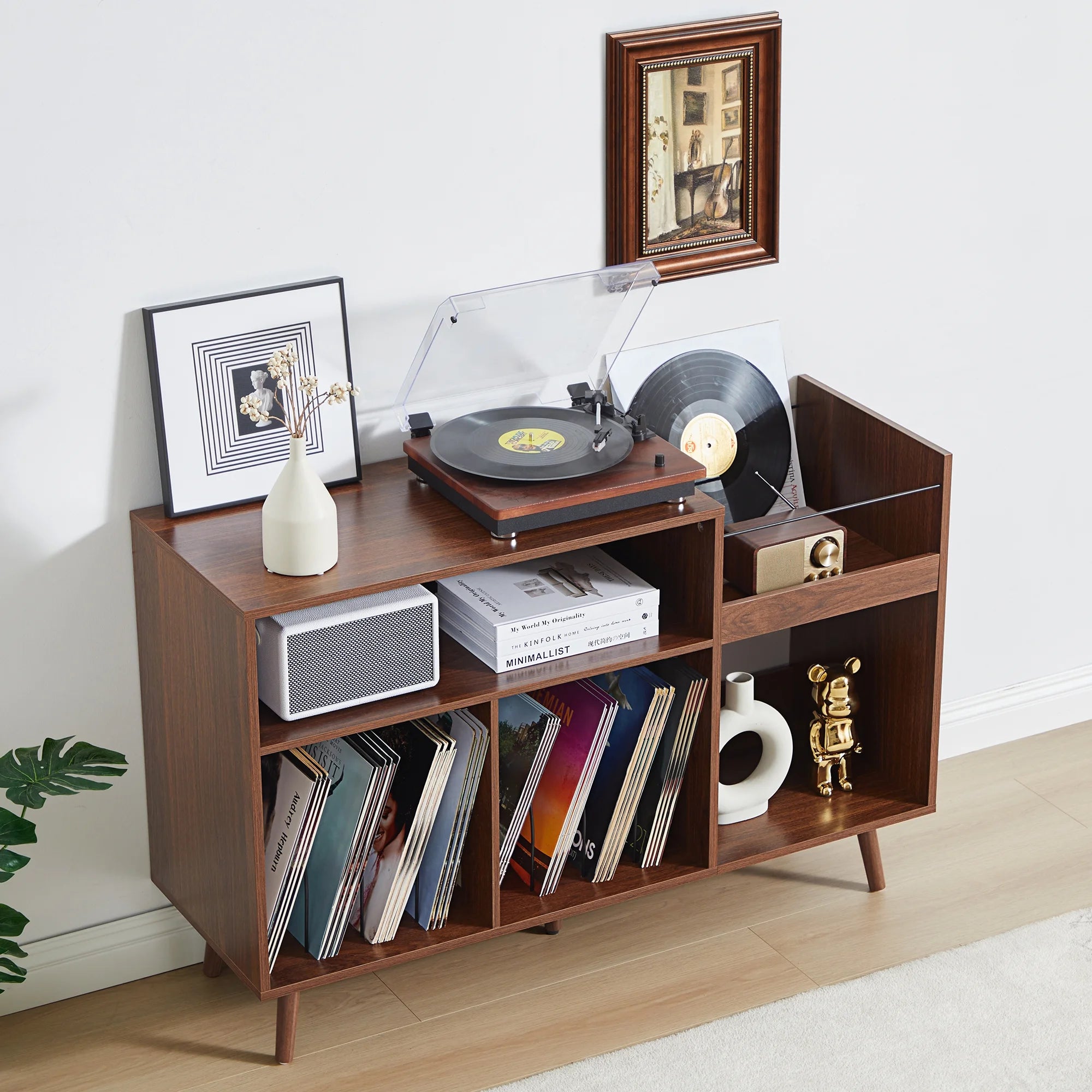 YOCWO Large Record Player Stand, Mid Century Concord Turntable Stand Table Holds up to 350 Albums, Vinyl Record Storage Cabinet with Wood Legs for Living Room Bedroom Office
