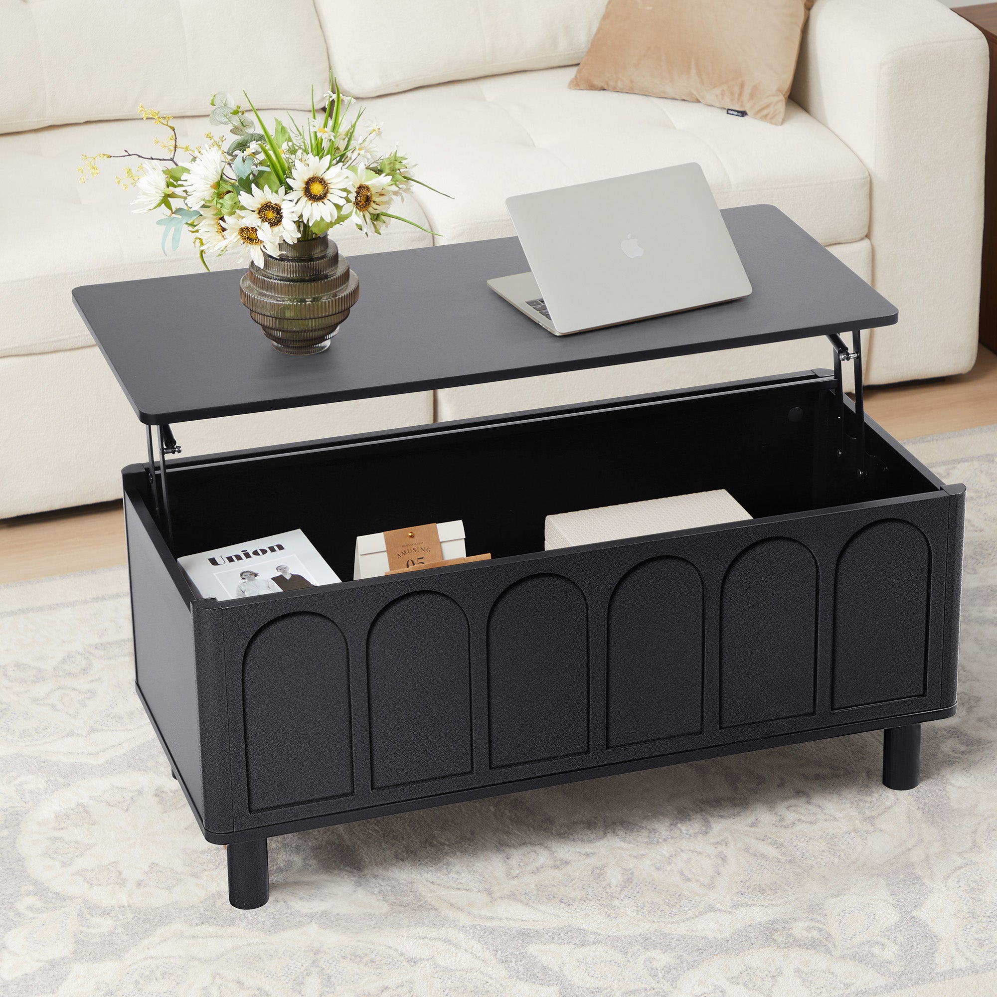YOCWO Lift Top Coffee Table with Hidden Compartment & Storage Shelve, Arched Fluted Coffee Table for Living Room