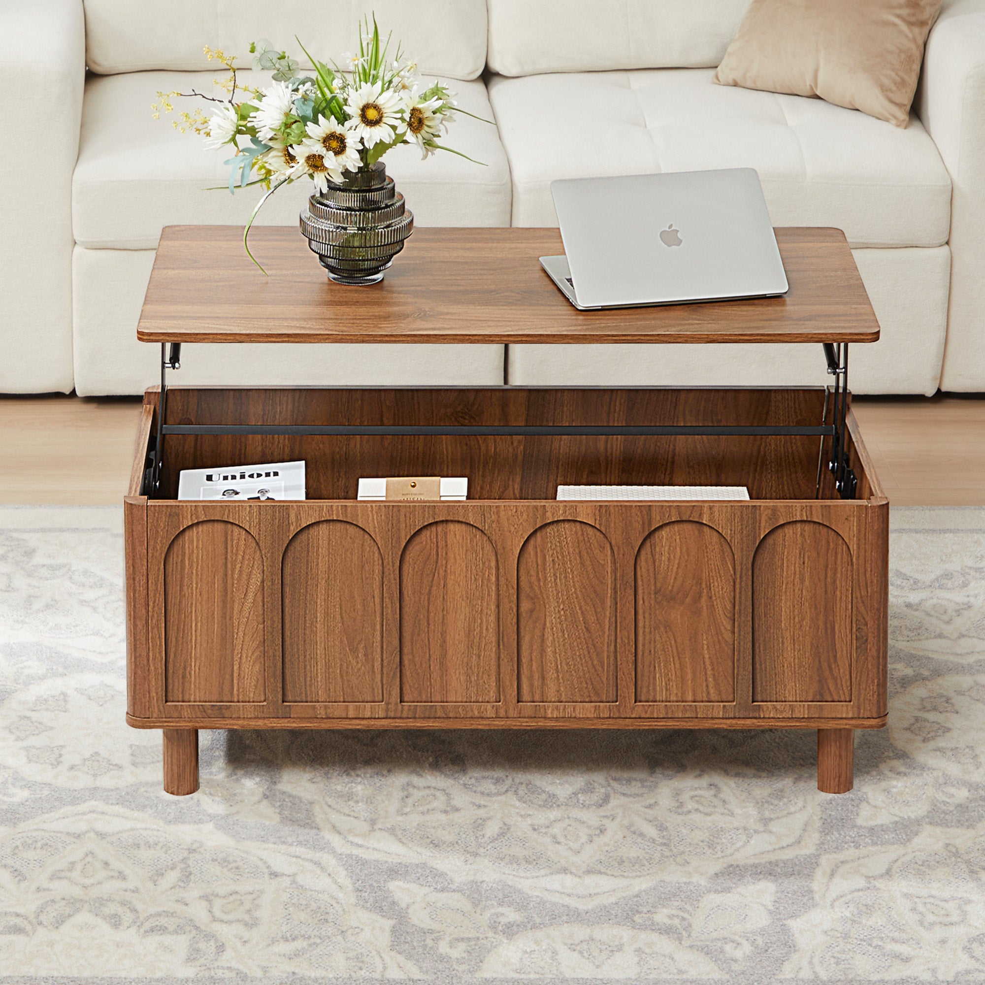 YOCWO Lift Top Coffee Table with Hidden Compartment & Storage Shelve, Arched Fluted Coffee Table for Living Room