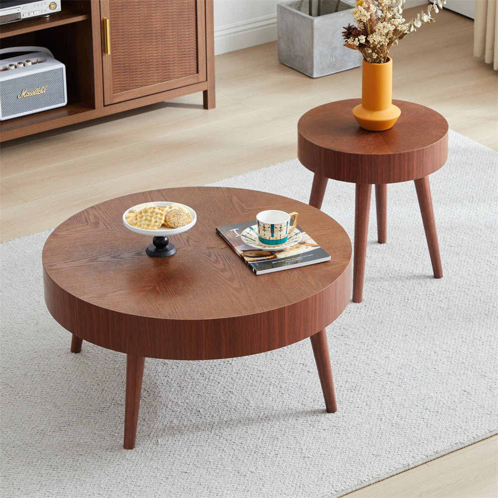2-Piece Modern Round Coffee Table Set for Living Room, Faux Wood End Table