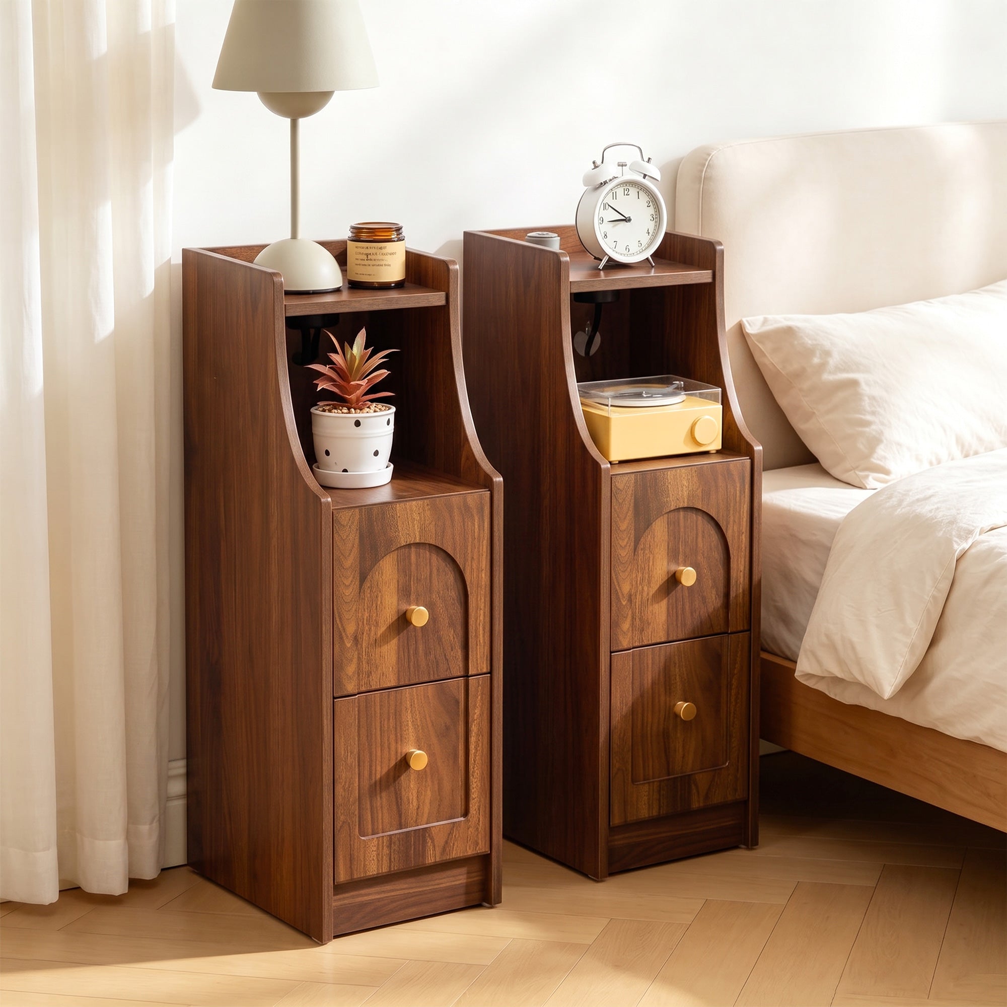 7.87" Ultra Narrow Nightstand with 2 Drawer and Charging Station, Slim End Table Bedside Table for Bedroom with Open Shelf