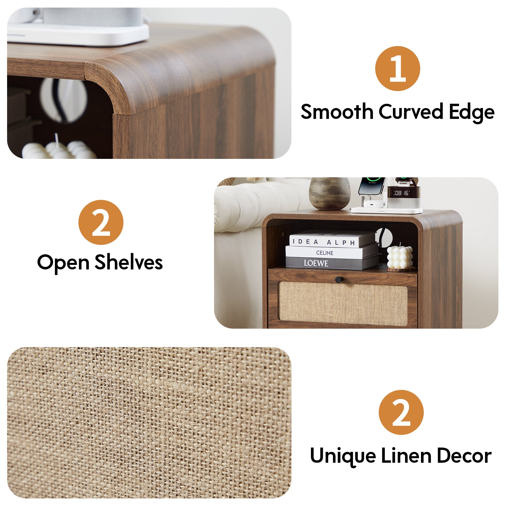 YOCWO Farmhouse Nightstand with Charging Station and Drawers for Bedroom, Linen Bedside Table with Drawers