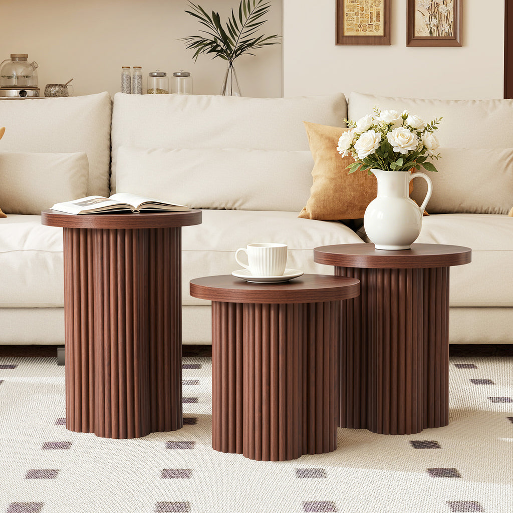 YOCWO 3 Pieces Round End Table with Fluted Plum Leg, Mid Century Modern Coffee Table Set of 3