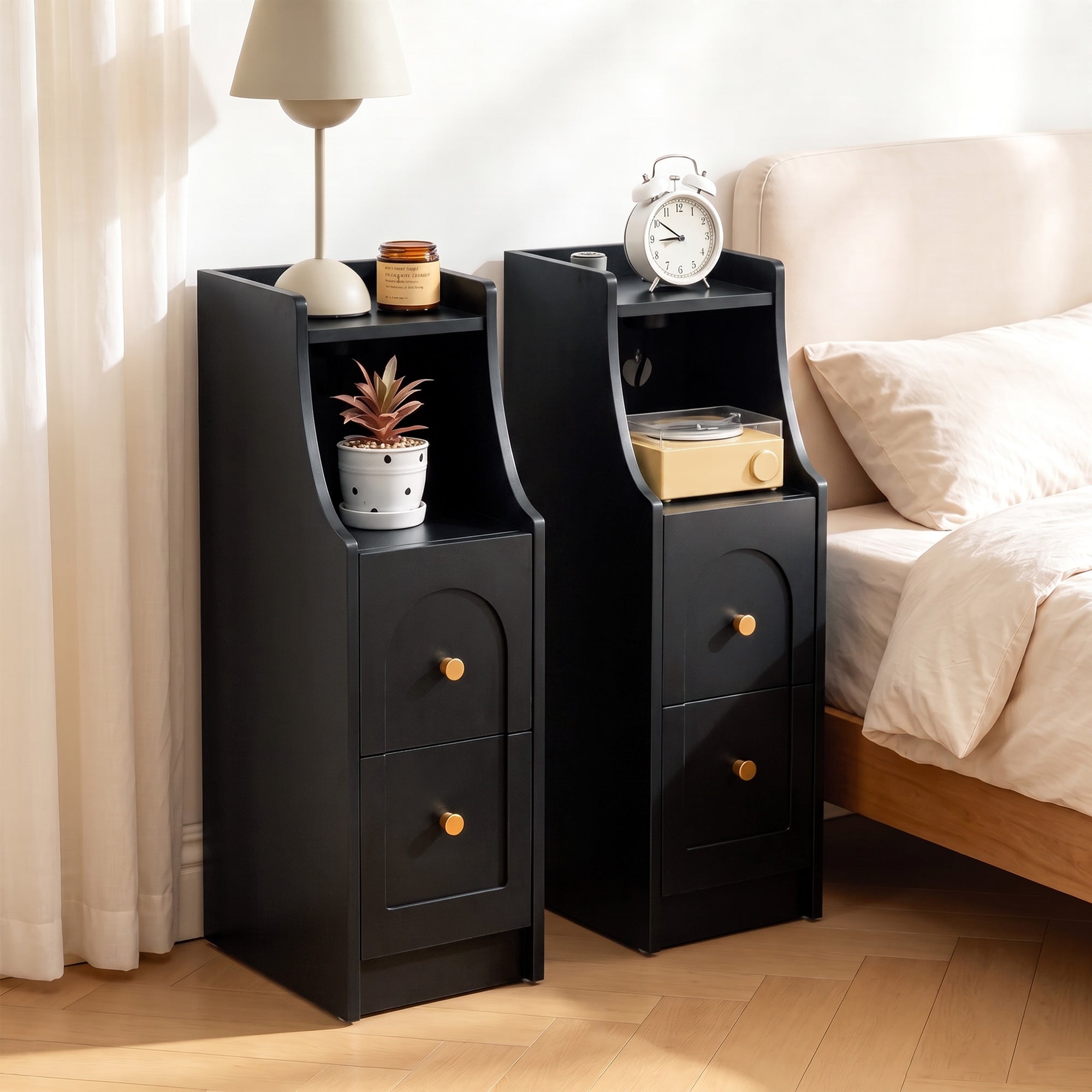 7.87" Ultra Narrow Nightstand with 2 Drawer and Charging Station, Slim End Table Bedside Table for Bedroom with Open Shelf
