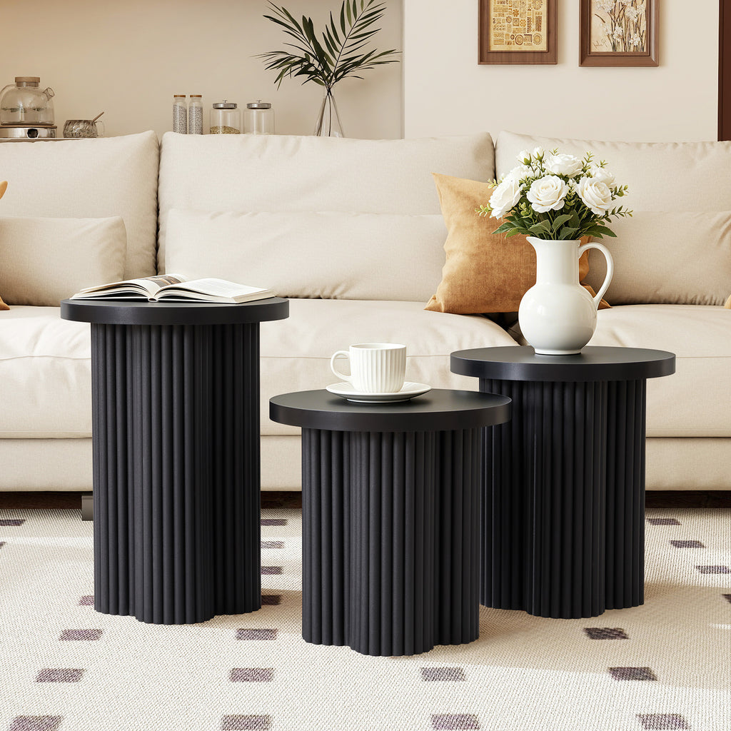 YOCWO 3 Pieces Round End Table with Fluted Plum Leg, Mid Century Modern Coffee Table Set of 3