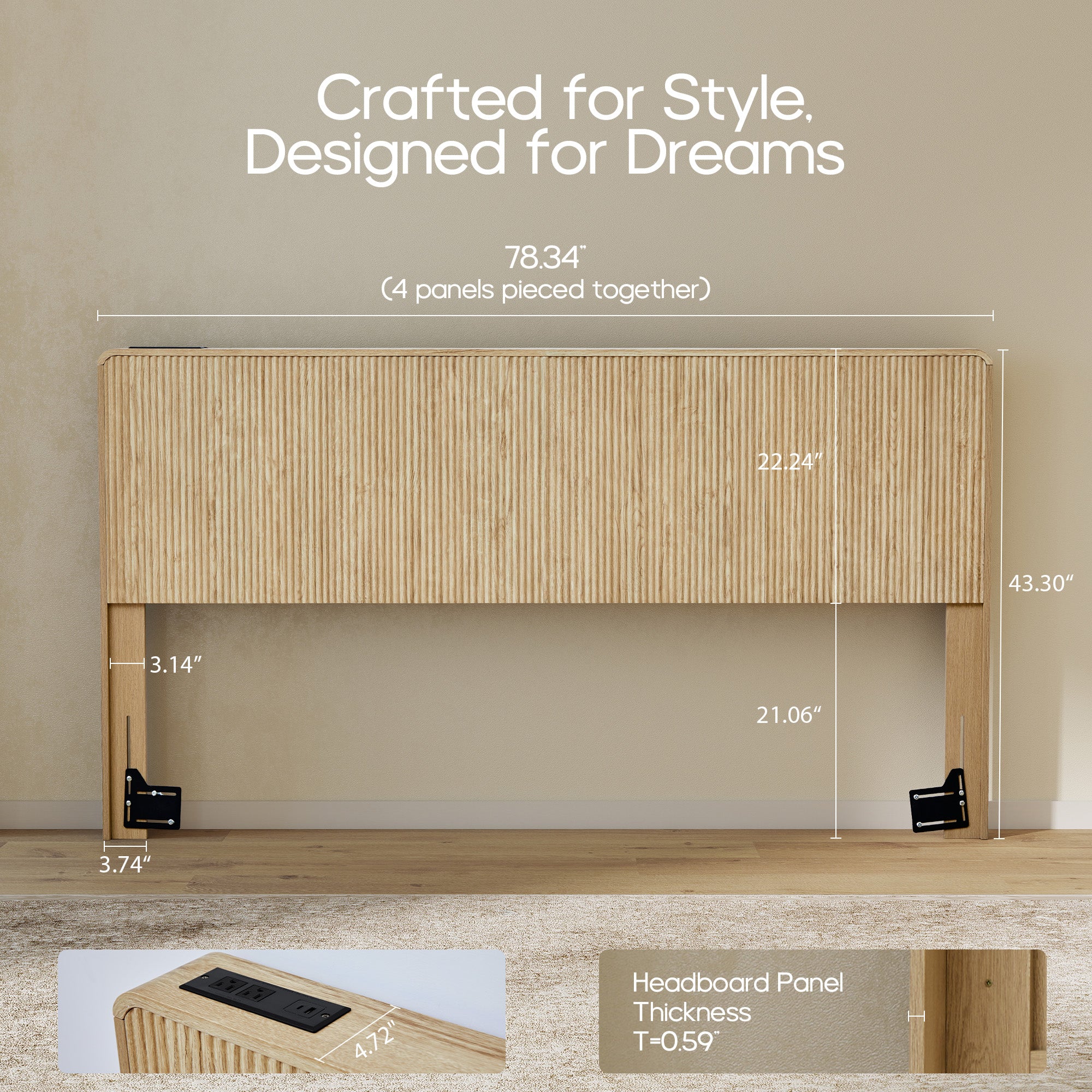 YOCWO Headboard for King Size Bed with Charging Station, Fluted Grooved Panel Head Board with Rounded Corners, Walnut, Headboard Only(Bed Frame Not Included)