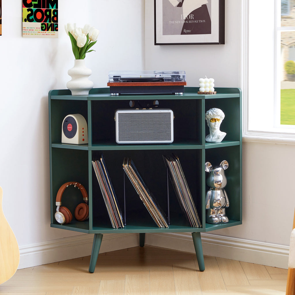 YOCWO Triangle Record Player Stand with Charging Station, Turntable Stand Table Holds Max 200 Albums, Corner Vinyl Record Storage Cabinet with Wood Legs for Living Room Bedroom Office