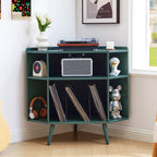 YOCWO Triangle Record Player Stand with Charging Station, Turntable Stand Table Holds Max 200 Albums, Corner Vinyl Record Storage Cabinet with Wood Legs for Living Room Bedroom Office
