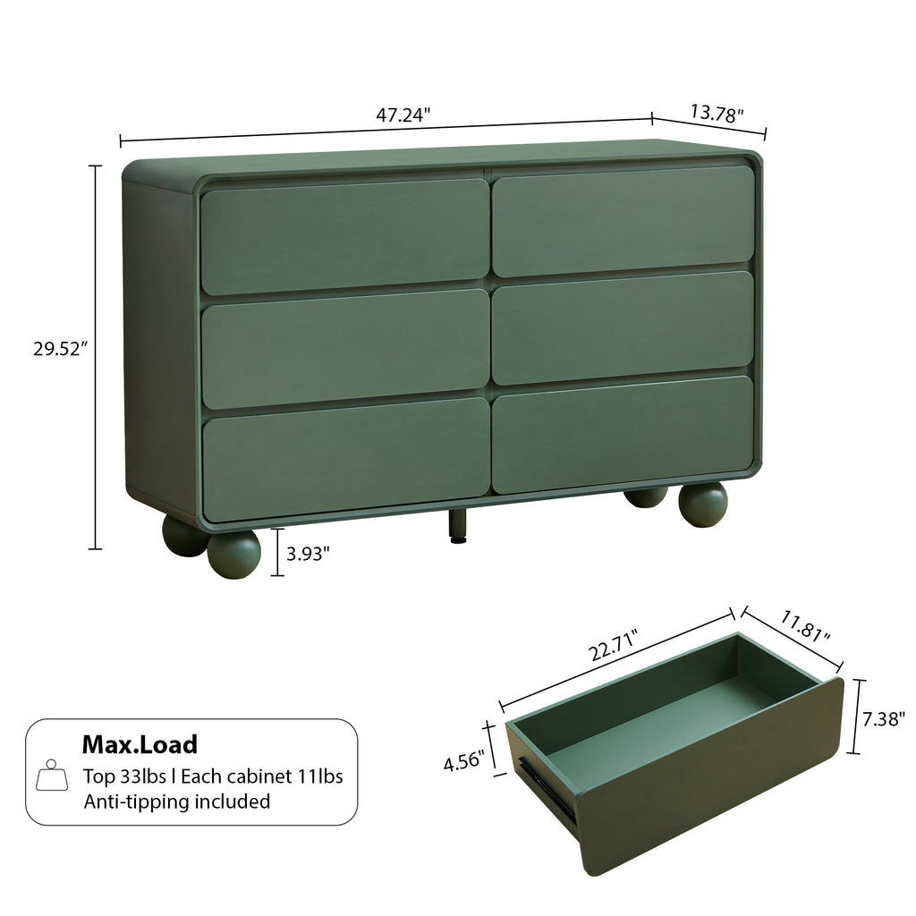 YOCWO 6 Drawer Dresser for Bedroom, Mid Century Chest of Drawers with Arc Edge and Round Leg, Wood Storage Large Dresser Organizer for Bedroom Living Room Hallway Closet