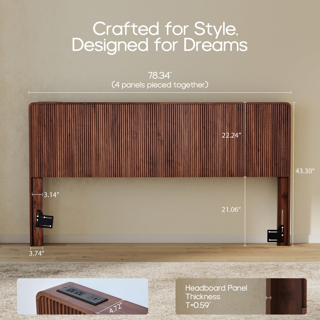 YOCWO Headboard for King Size Bed with Charging Station, Fluted Grooved Panel Head Board with Rounded Corners, Walnut, Headboard Only(Bed Frame Not Included)