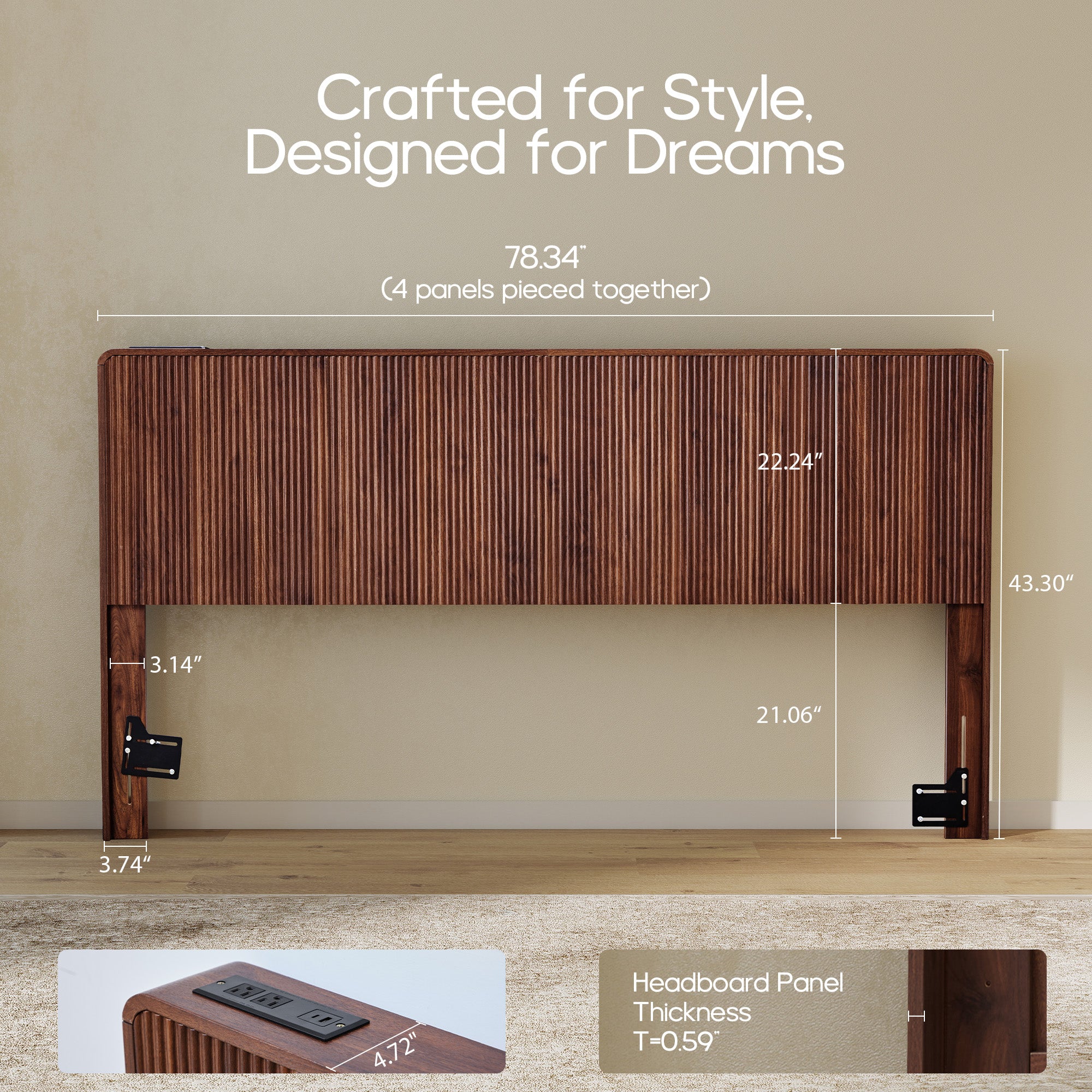 YOCWO Headboard for King Size Bed with Charging Station, Fluted Grooved Panel Head Board with Rounded Corners, Walnut, Headboard Only(Bed Frame Not Included)