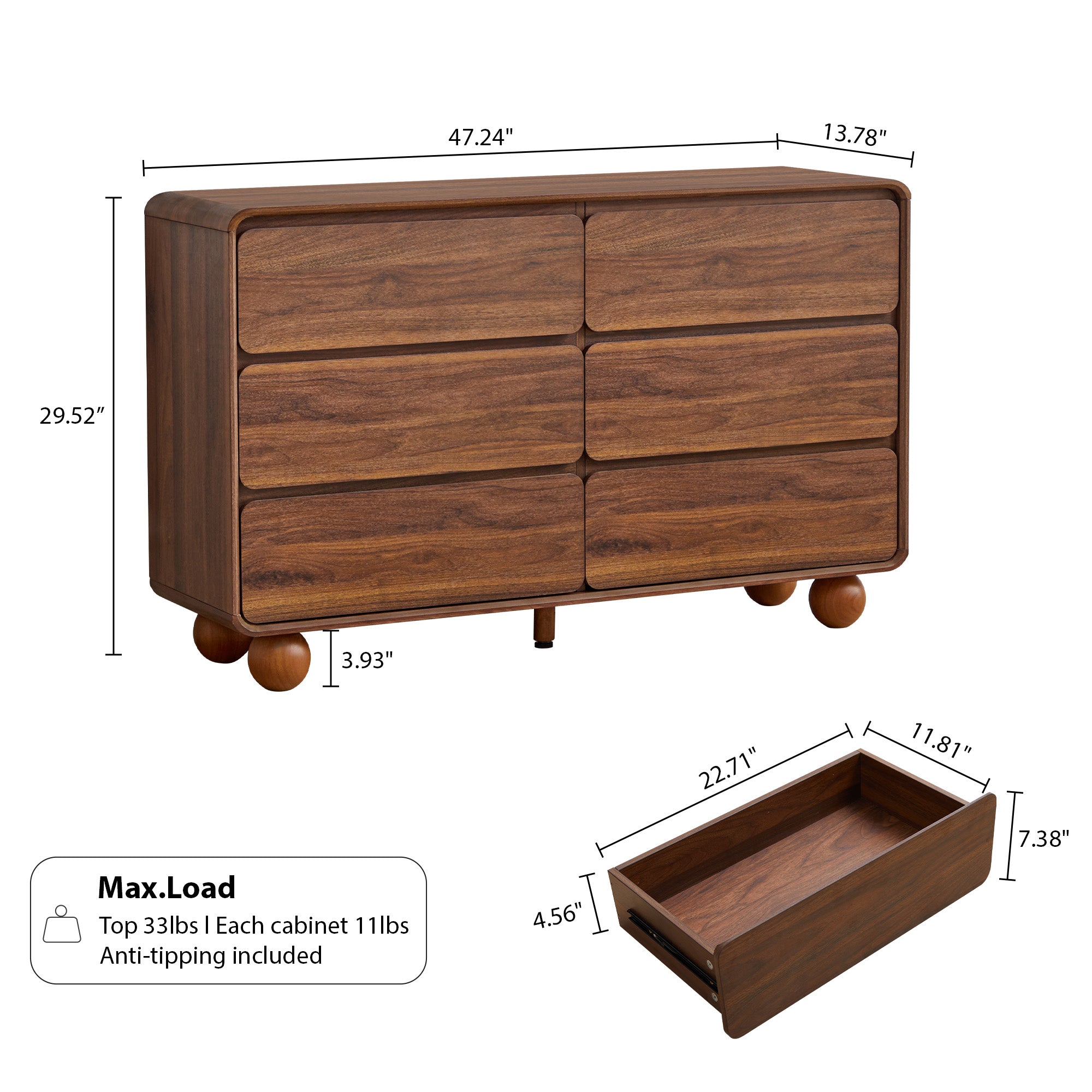 YOCWO 6 Drawer Dresser for Bedroom, Mid Century Chest of Drawers with Arc Edge and Round Leg, Wood Storage Large Dresser Organizer for Bedroom Living Room Hallway Closet