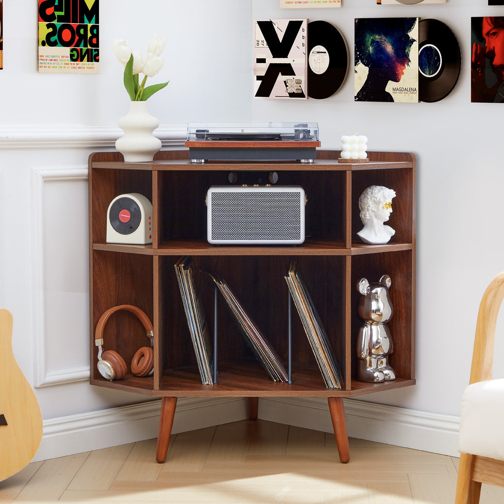 YOCWO Triangle Record Player Stand with Charging Station, Turntable Stand Table Holds Max 200 Albums, Corner Vinyl Record Storage Cabinet with Wood Legs for Living Room Bedroom Office