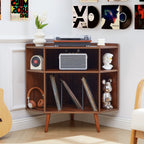YOCWO Triangle Record Player Stand with Charging Station, Turntable Stand Table Holds Max 200 Albums, Corner Vinyl Record Storage Cabinet with Wood Legs for Living Room Bedroom Office