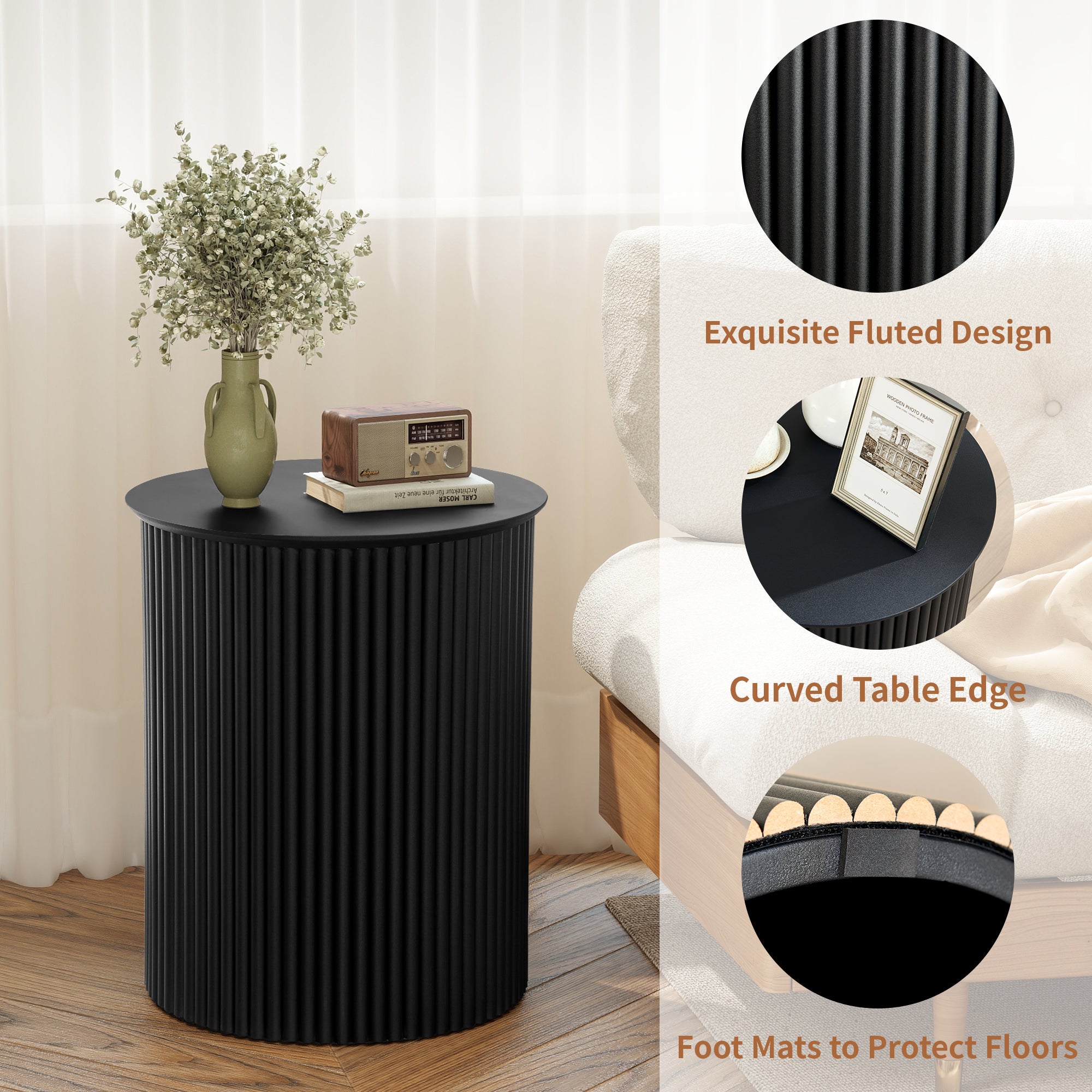Small Round End table for Living Room with fluted Design, Circle Bedside Table for Bedroom