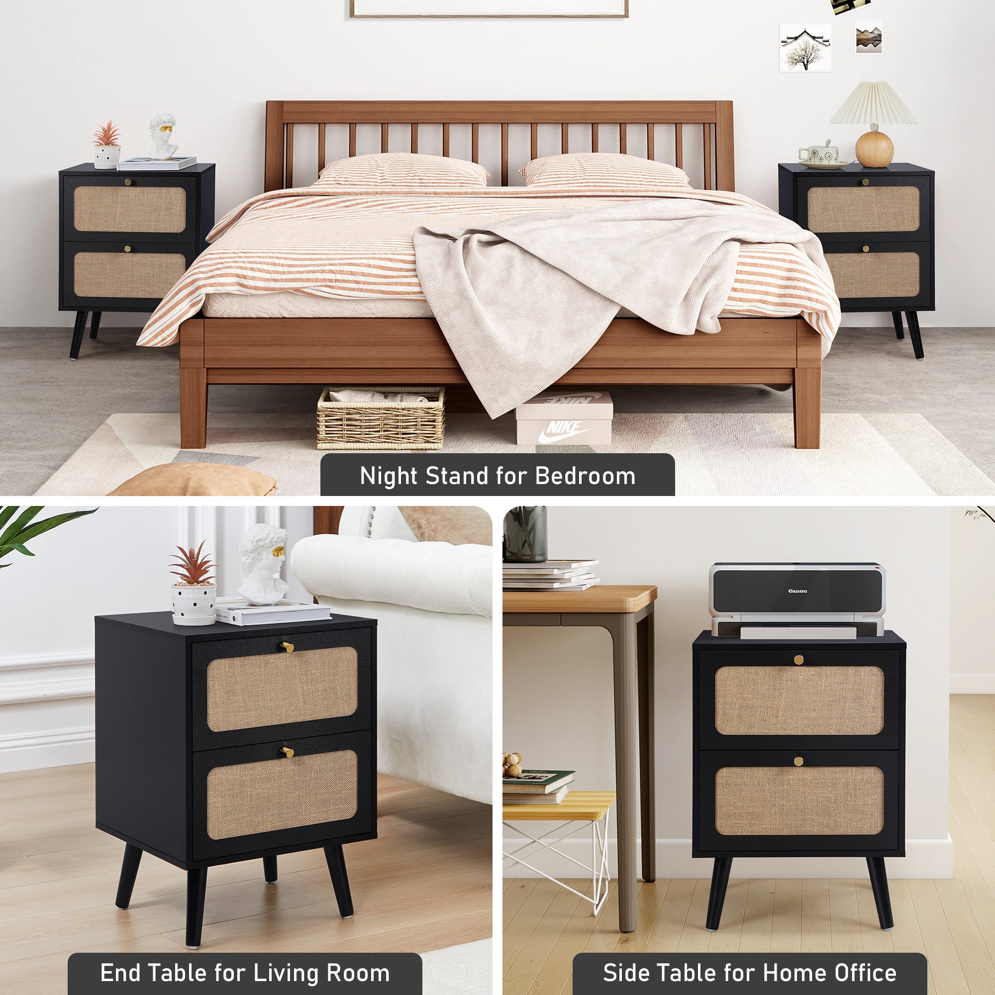 YOCWO Nightstand for Bedroom Set of 2 , Linen Bedside Table Set of 2 with Drawers