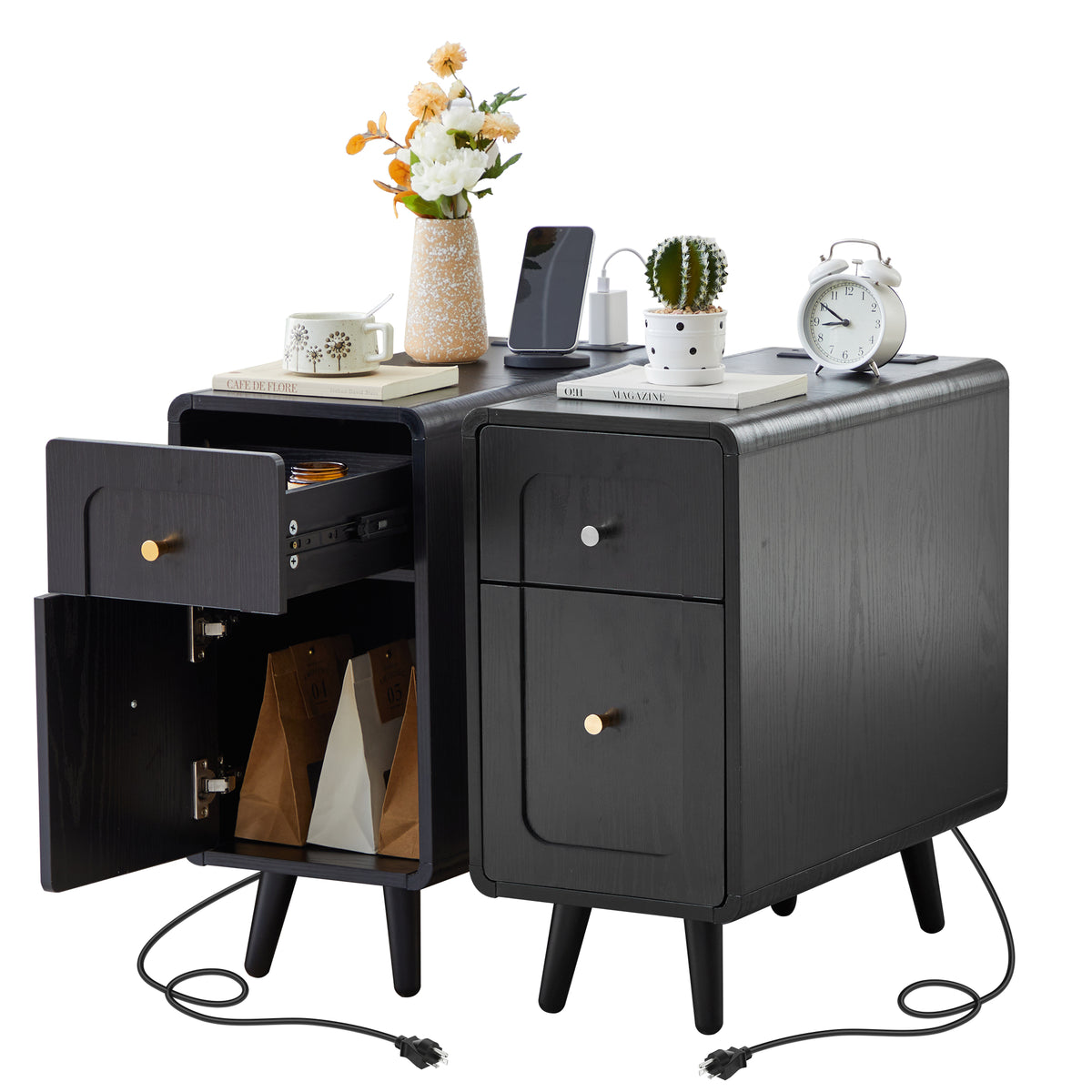 YOCWO Narrow End Table with Charging Station, Slim Nightstand Side Table with Drawer and Door for Living Room Bedroom