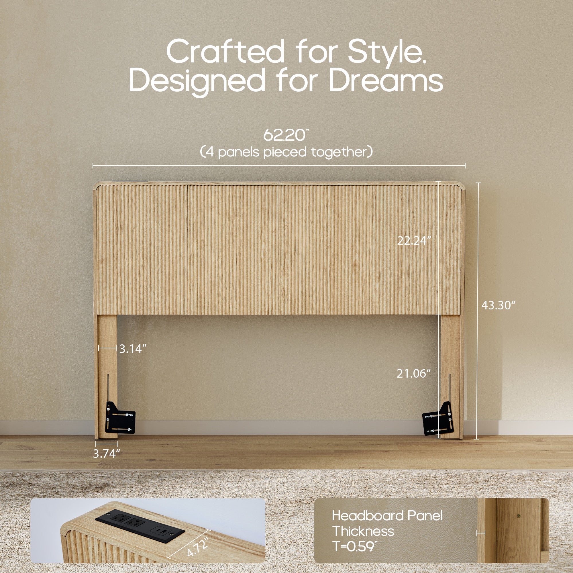 YOCWO Headboard for King Size Bed with Charging Station, Fluted Grooved Panel Head Board with Rounded Corners, Walnut, Headboard Only(Bed Frame Not Included)