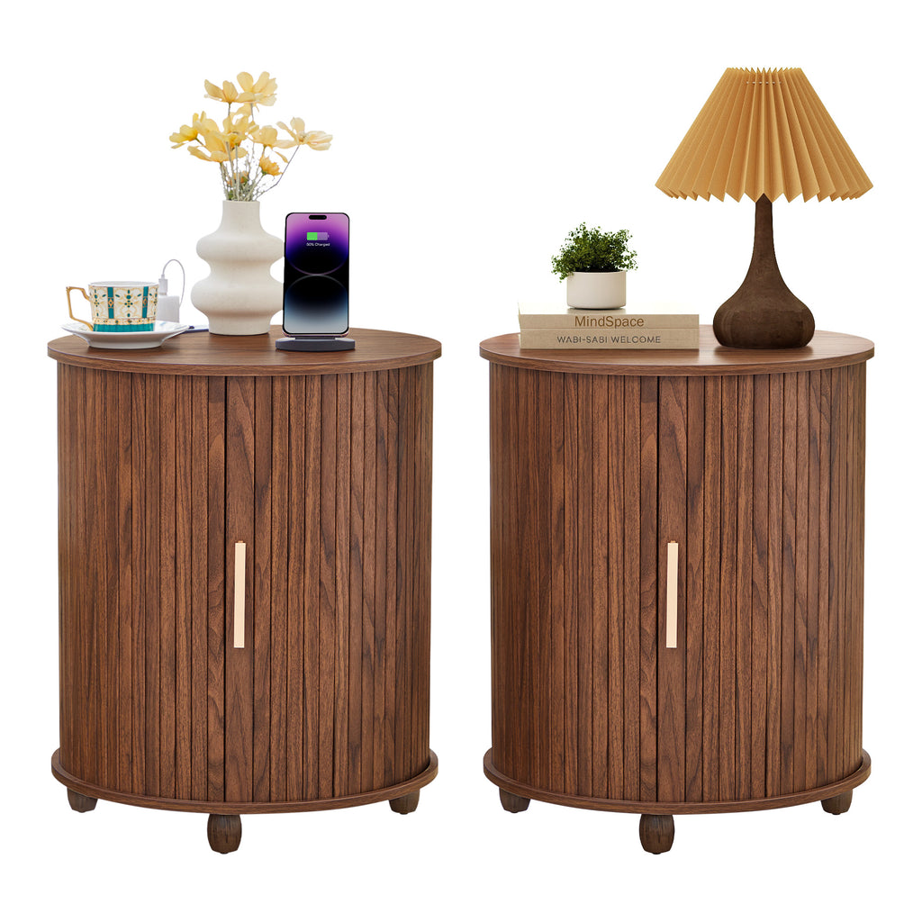 YOCWO Round End Table Set of 2 with Charging Station, Vertical Strip Side Tables with Sliding Door Storage for Living Room