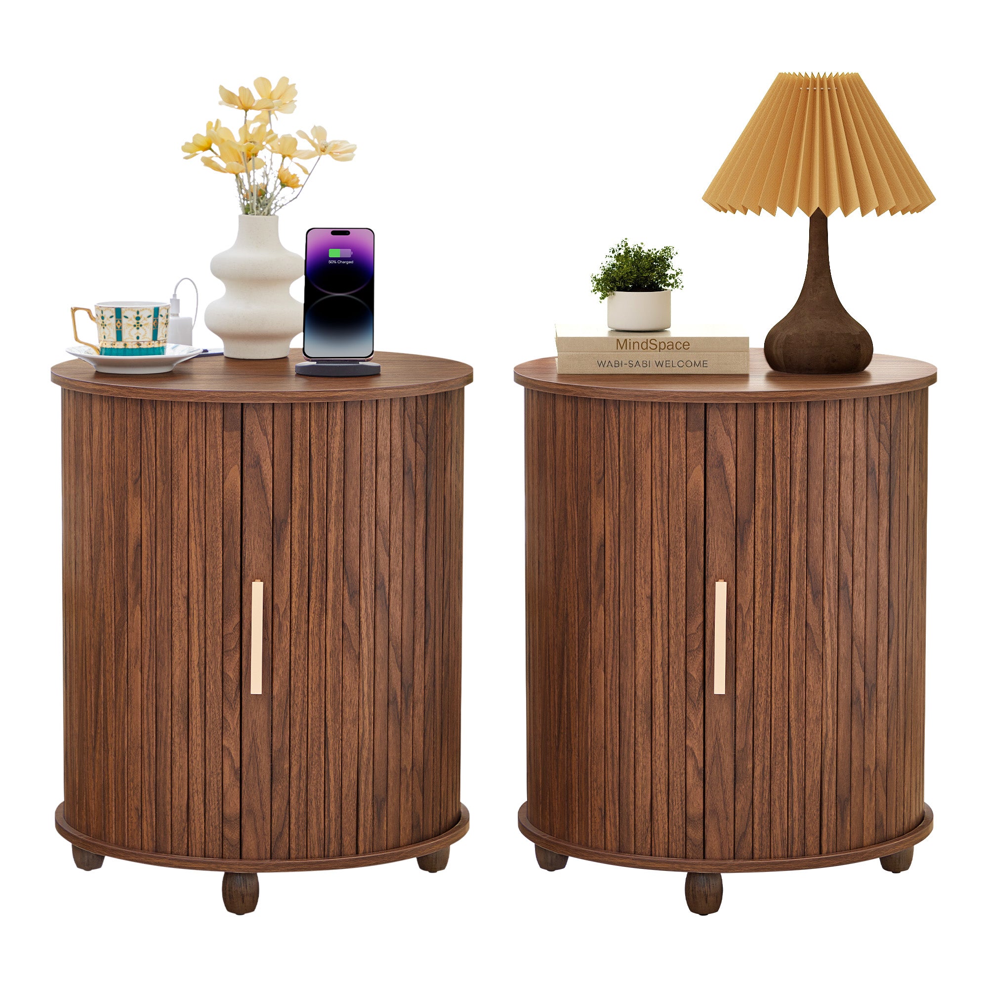 YOCWO Round End Table Set of 2 with Charging Station, Vertical Strip Side Tables with Sliding Door Storage for Living Room
