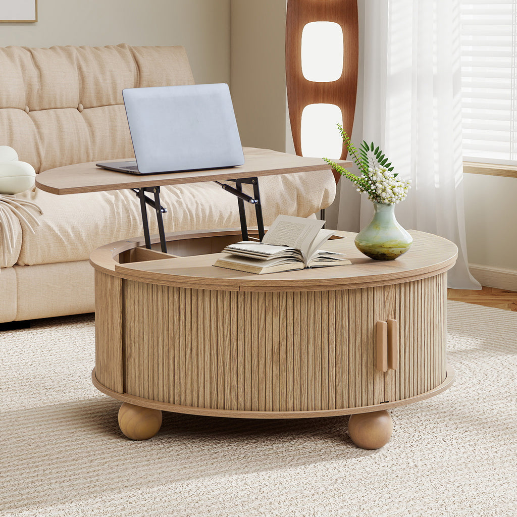 YOCWO Lift Top Coffee Table with Sliding Door and Round Leg, Fluted Round Coffee Table with Hidden Compartments Storage for Living Room