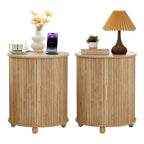 YOCWO Round End Table Set of 2 with Charging Station, Vertical Strip Side Tables with Sliding Door Storage for Living Room
