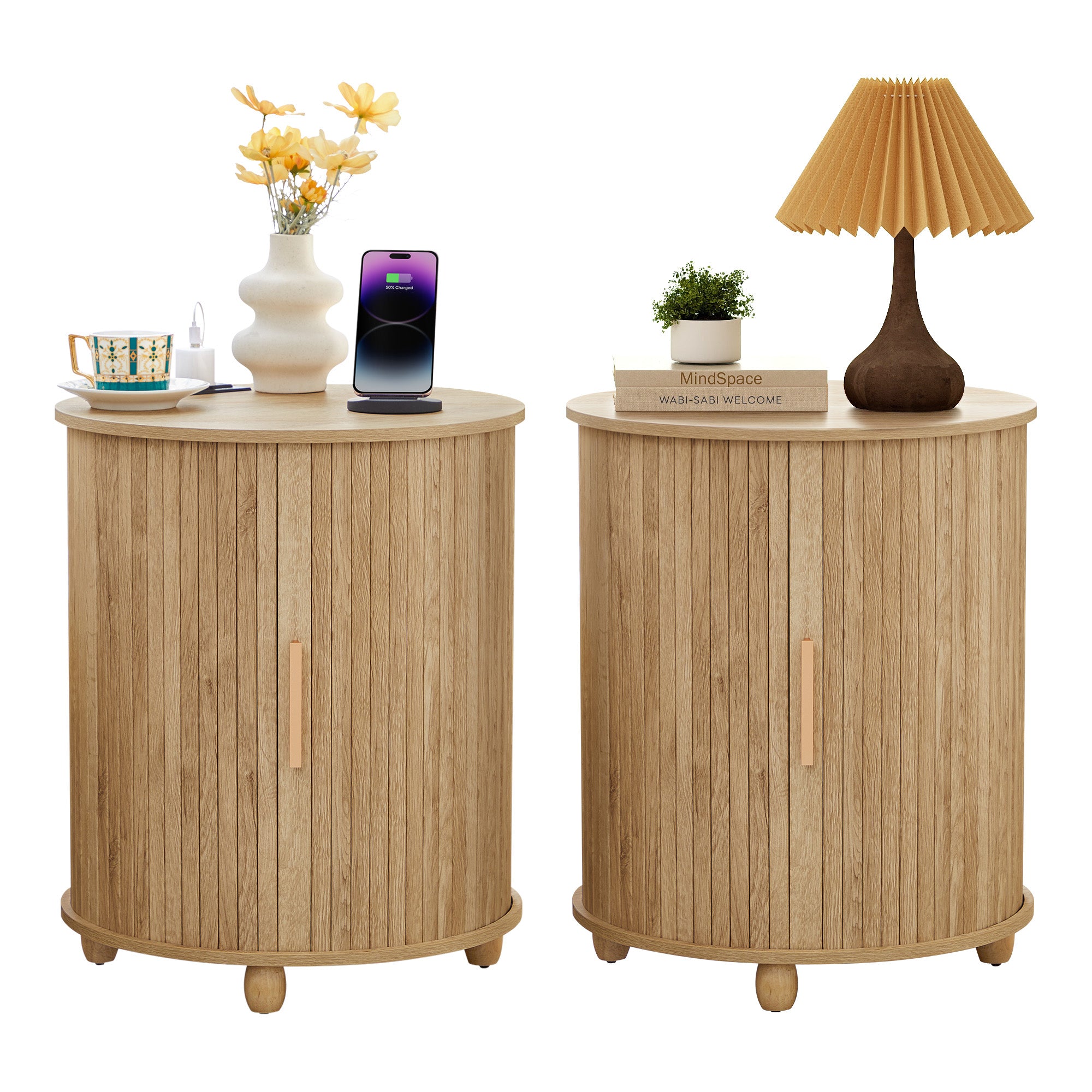 YOCWO Round End Table Set of 2 with Charging Station, Vertical Strip Side Tables with Sliding Door Storage for Living Room