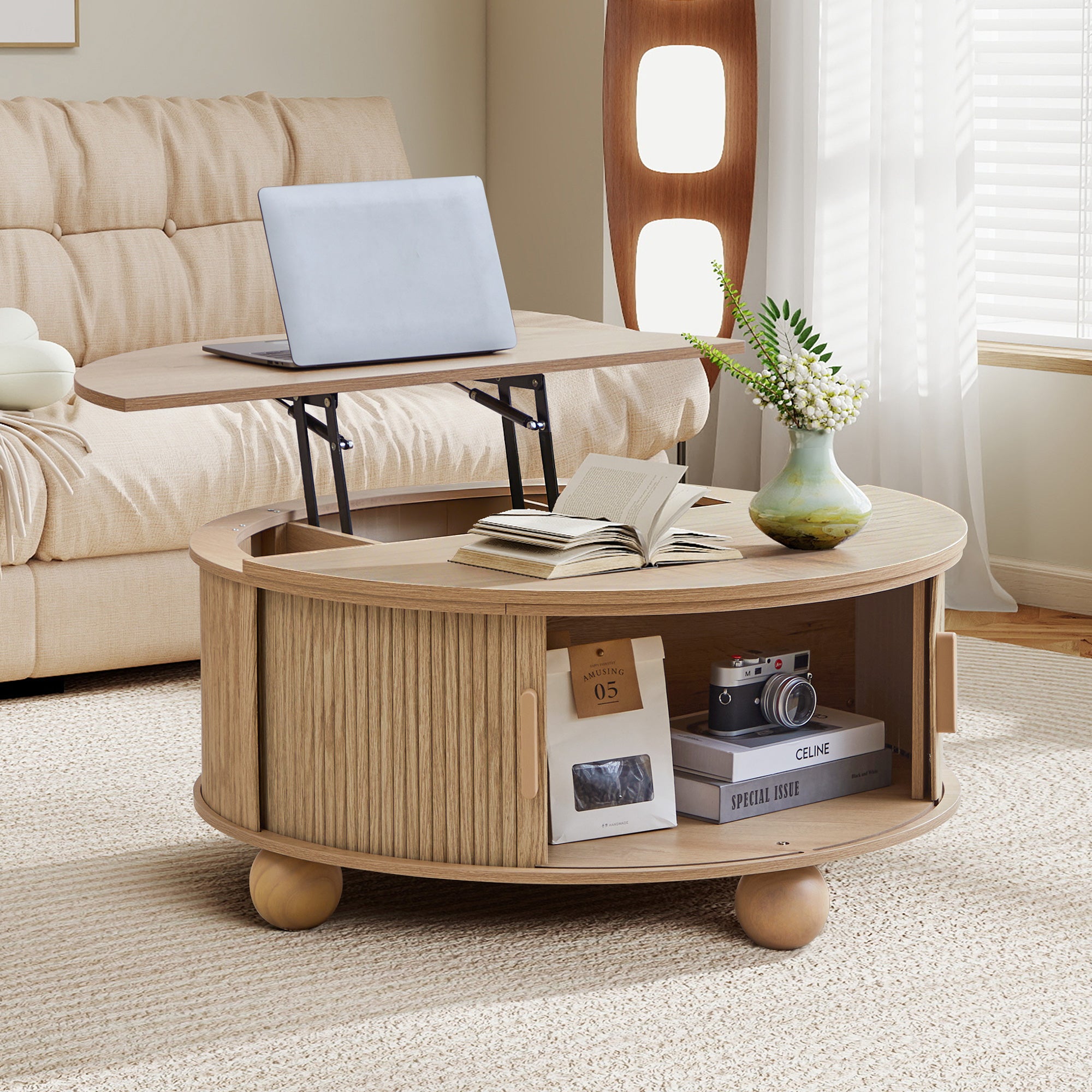 YOCWO Lift Top Coffee Table with Sliding Door and Round Leg, Fluted Round Coffee Table with Hidden Compartments Storage for Living Room