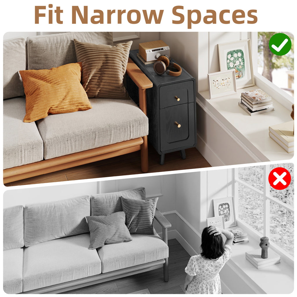 YOCWO Narrow End Table with Charging Station, Slim Nightstand Side Table with Drawer and Door for Living Room Bedroom