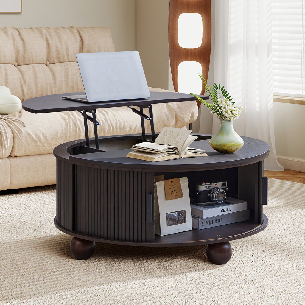 YOCWO Lift Top Coffee Table with Sliding Door and Round Leg, Fluted Round Coffee Table with Hidden Compartments Storage for Living Room