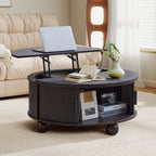 YOCWO Lift Top Coffee Table with Sliding Door and Round Leg, Fluted Round Coffee Table with Hidden Compartments Storage for Living Room