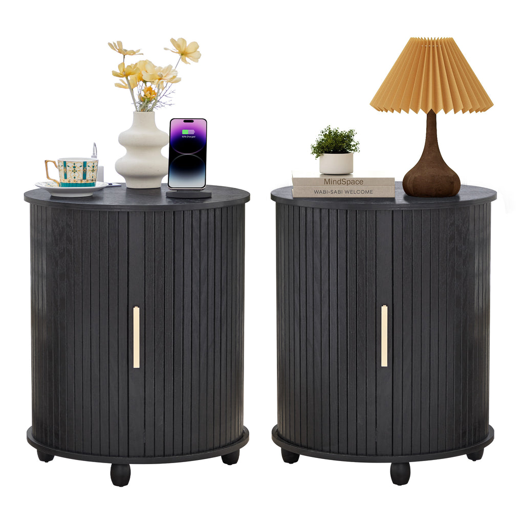 YOCWO Round End Table Set of 2 with Charging Station, Vertical Strip Side Tables with Sliding Door Storage for Living Room