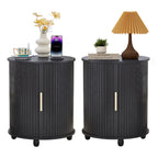 YOCWO Round End Table Set of 2 with Charging Station, Vertical Strip Side Tables with Sliding Door Storage for Living Room