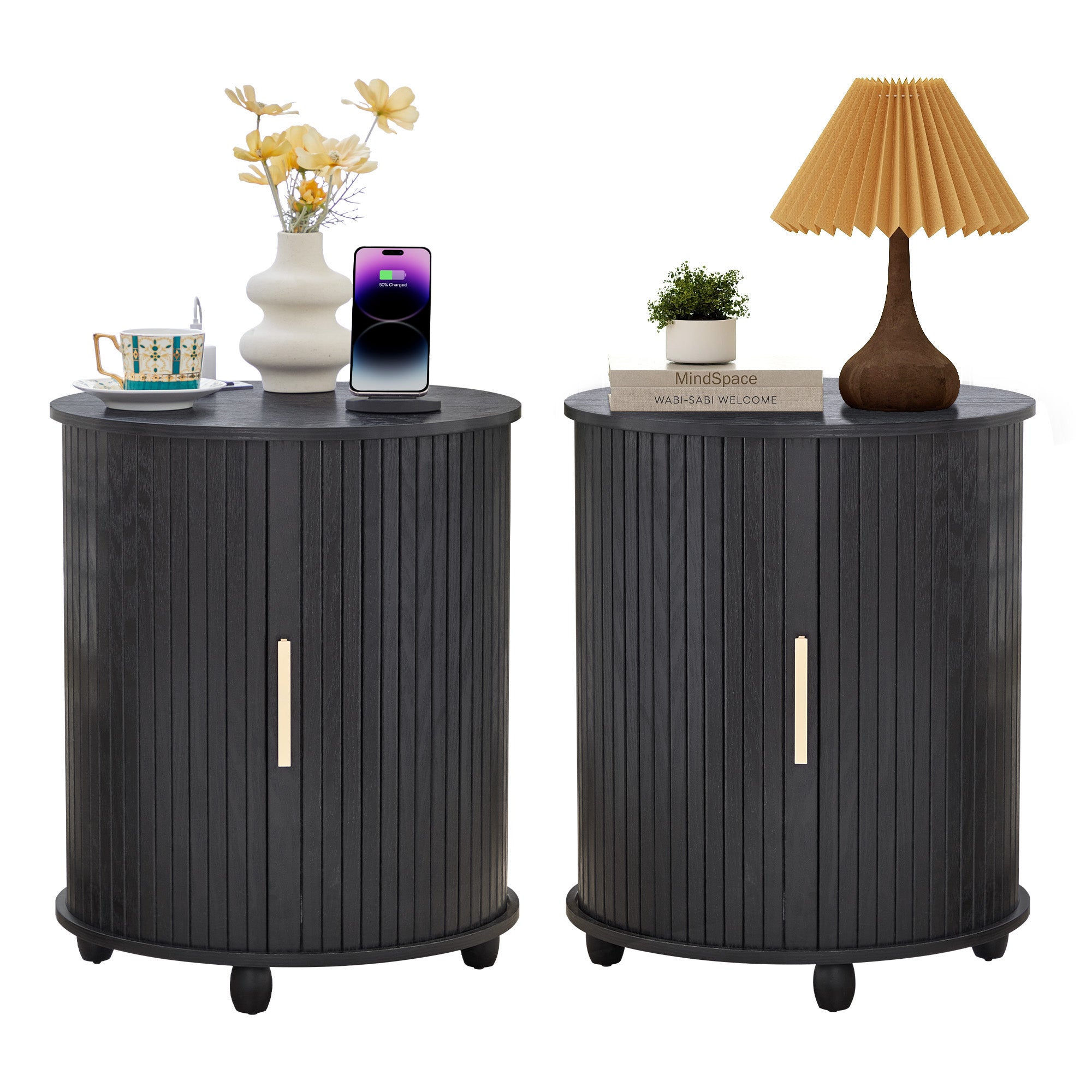 YOCWO Round End Table Set of 2 with Charging Station, Vertical Strip Side Tables with Sliding Door Storage for Living Room