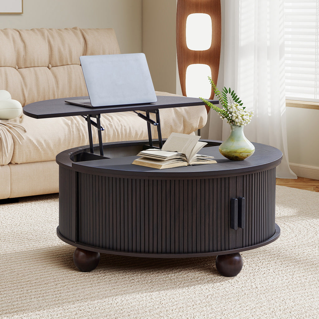 YOCWO Lift Top Coffee Table with Sliding Door and Round Leg, Fluted Round Coffee Table with Hidden Compartments Storage for Living Room