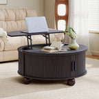 YOCWO Lift Top Coffee Table with Sliding Door and Round Leg, Fluted Round Coffee Table with Hidden Compartments Storage for Living Room