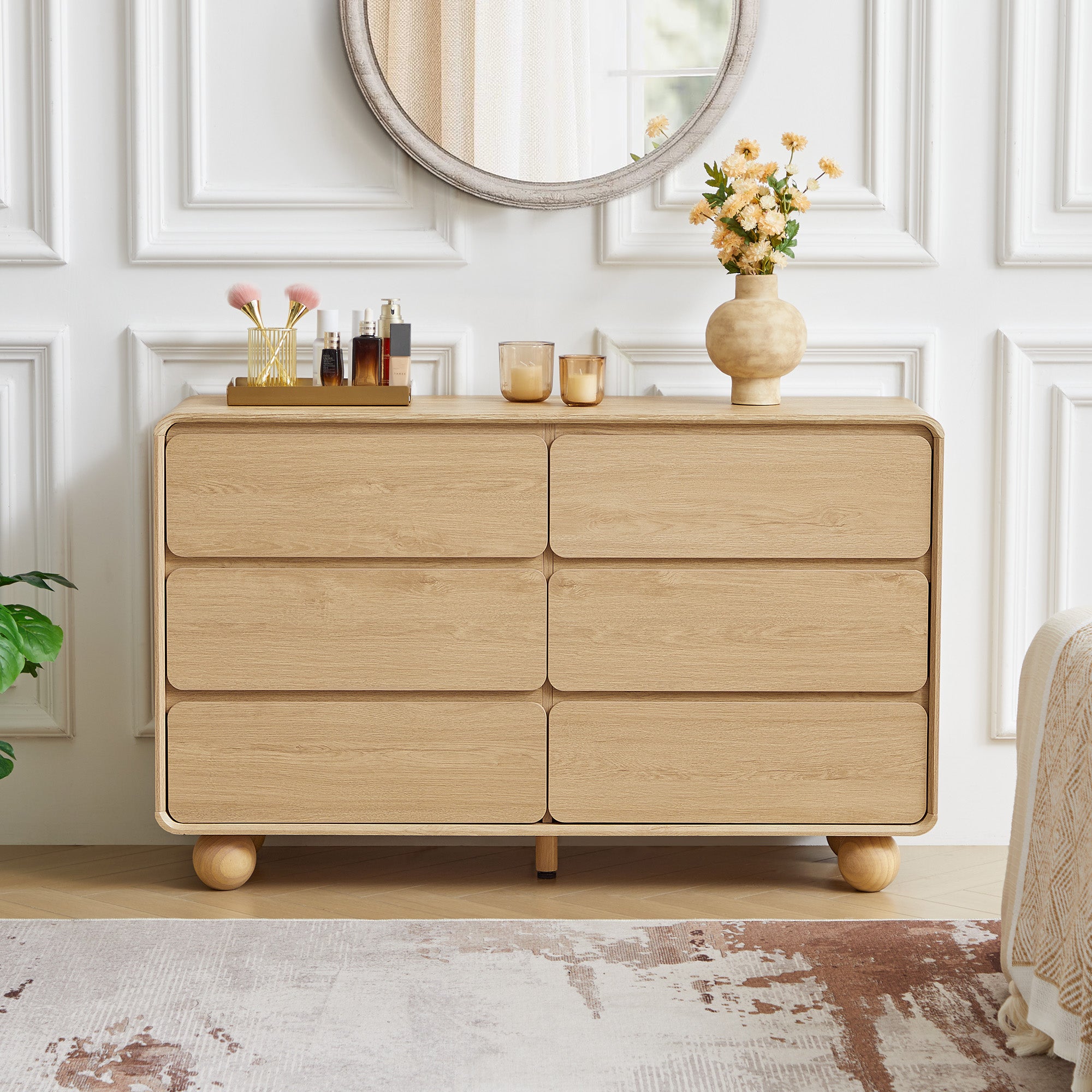 YOCWO 6 Drawer Dresser for Bedroom, Mid Century Chest of Drawers with Arc Edge and Round Leg, Wood Storage Large Dresser Organizer for Bedroom Living Room Hallway Closet