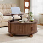 YOCWO Lift Top Coffee Table with Sliding Door and Round Leg, Fluted Round Coffee Table with Hidden Compartments Storage for Living Room