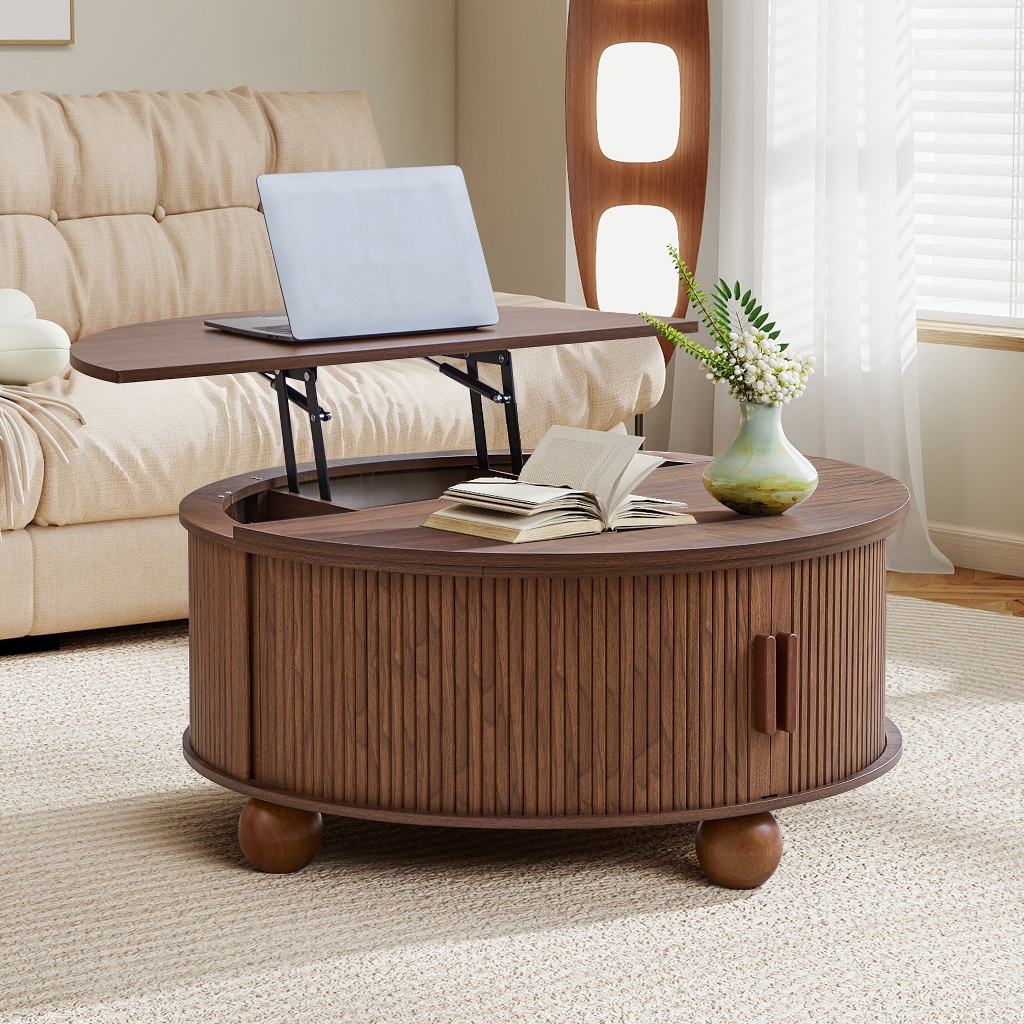 YOCWO Lift Top Coffee Table with Sliding Door and Round Leg, Fluted Round Coffee Table with Hidden Compartments Storage for Living Room