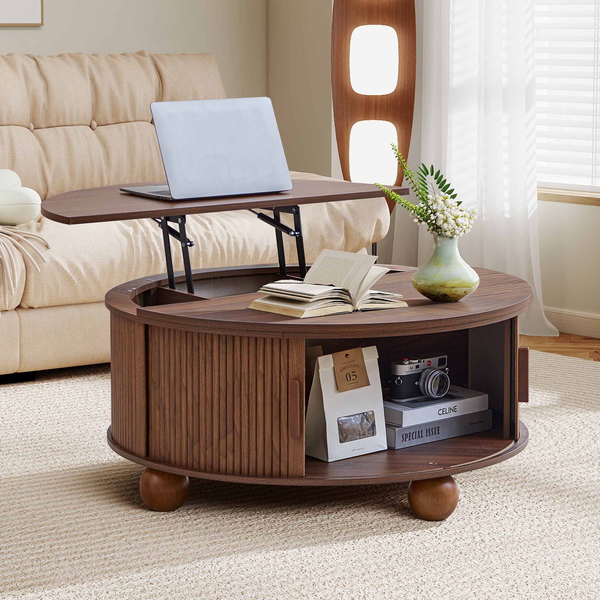 YOCWO Lift Top Coffee Table with Sliding Door and Round Leg, Fluted Round Coffee Table with Hidden Compartments Storage for Living Room