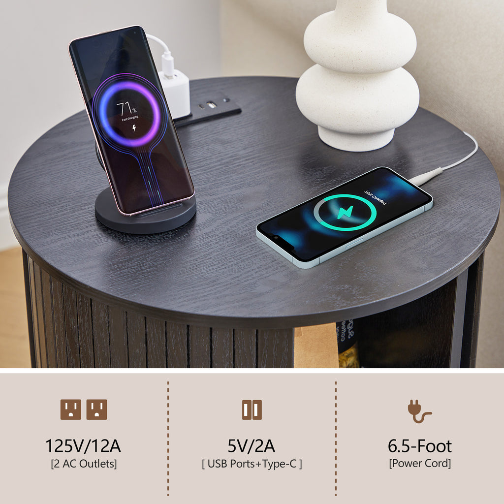 YOCWO Round End Table Set of 2 with Charging Station, Vertical Strip Side Tables with Sliding Door Storage for Living Room