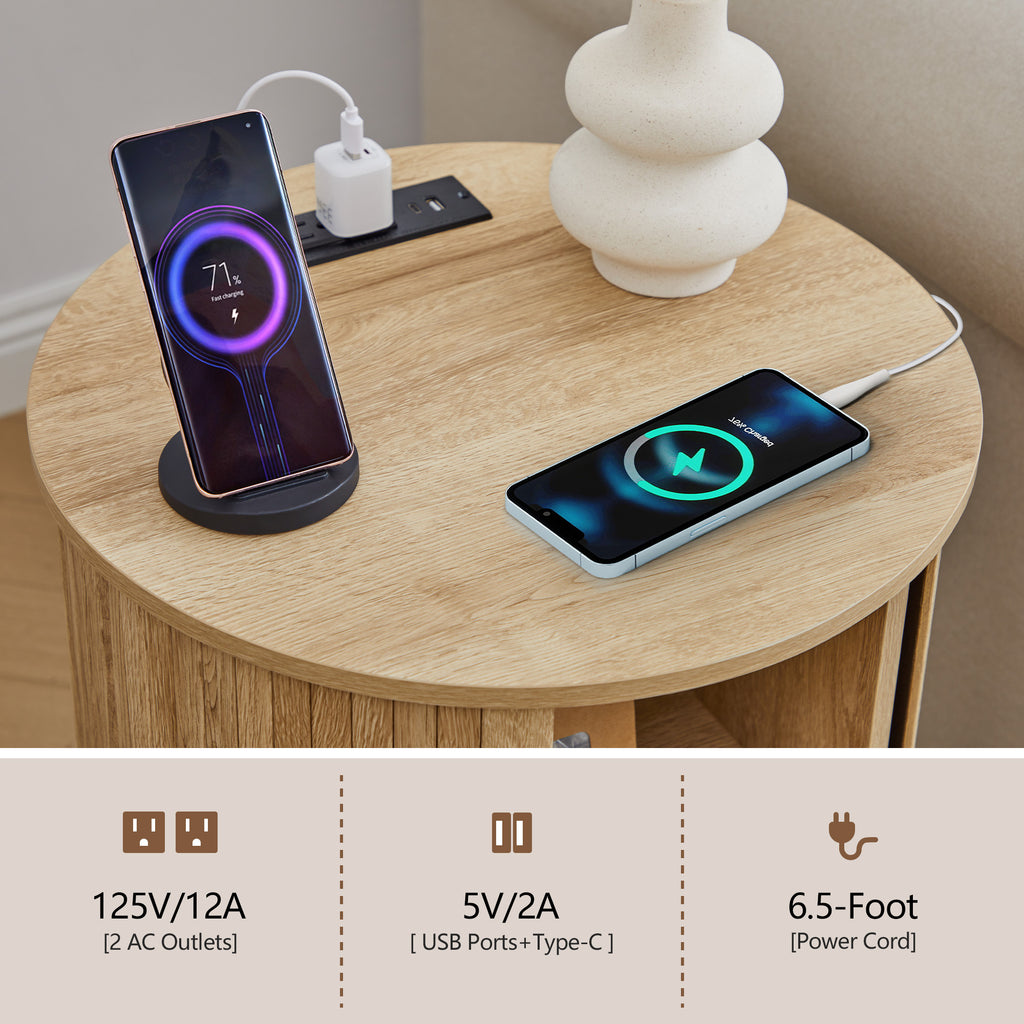 YOCWO Round End Table Set of 2 with Charging Station, Vertical Strip Side Tables with Sliding Door Storage for Living Room