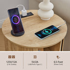 YOCWO Round End Table Set of 2 with Charging Station, Vertical Strip Side Tables with Sliding Door Storage for Living Room