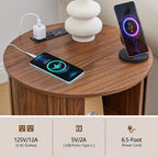 YOCWO Round End Table Set of 2 with Charging Station, Vertical Strip Side Tables with Sliding Door Storage for Living Room